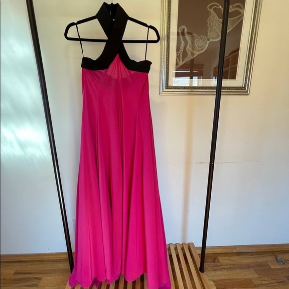 💕 AQ/AQ Opium Halter Cross Neck Cerise Pink High Low Asymmetric Prom Maxi Dress - Picture 7 of 13